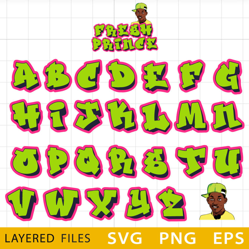 Fresh Prince Layred SVG Font, Graffiti Alphabet SVG, Fresh Prince Cricut files, Alphabet PNG