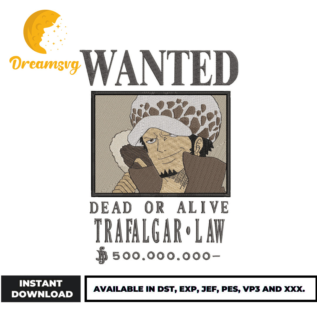 Trafalgar law wanted embroidery design, One piece embroidery