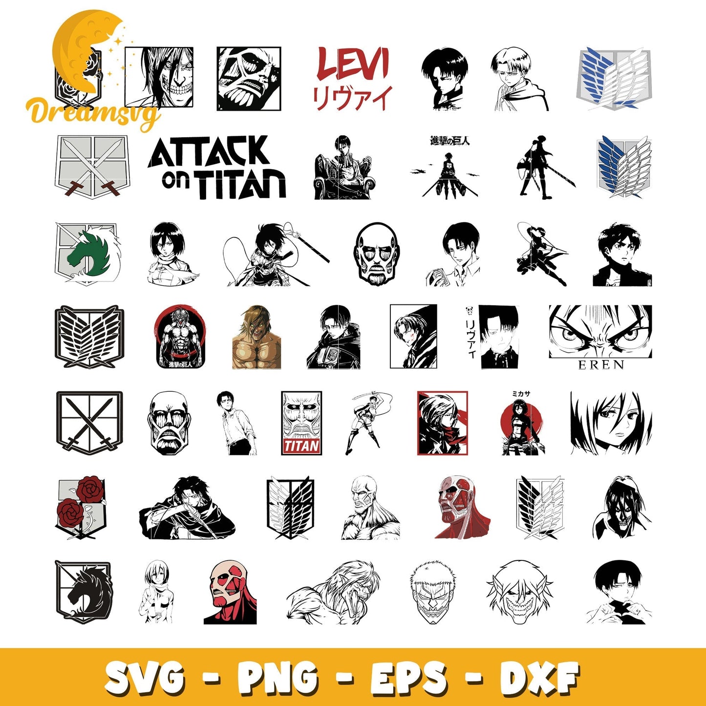 Attack on titan characters black white bundle svg, attack on titan svg