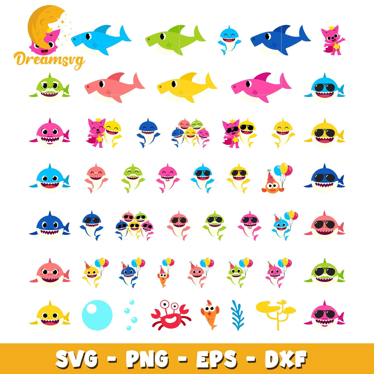 Cartoon baby shark glasses design bundle svg, baby shark characters svg