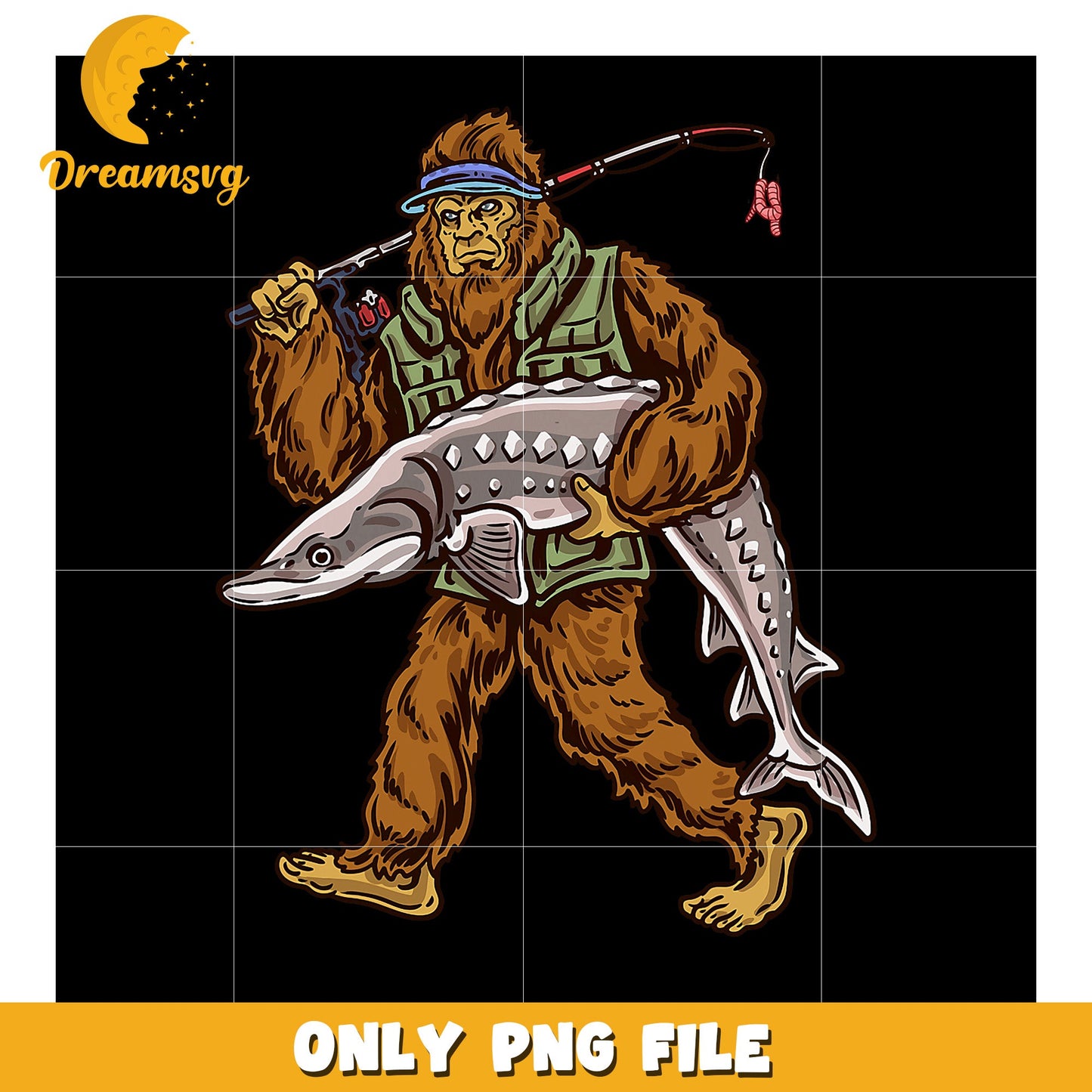 Bigfoot Fishing PNG Sturgeon Catch Graphic