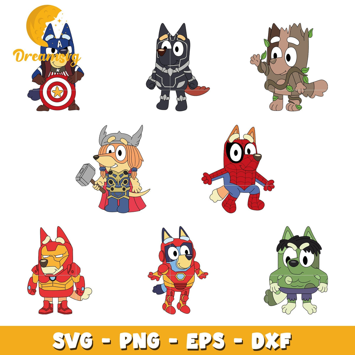Bluey dog cosplay avengers design bundle svg, bluey cartoon svg