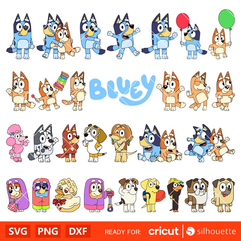 Bluey Characters Svg, Bluey Birthday Clipart, Bluey the Dog Svg, Bluey And Bingo Png Images