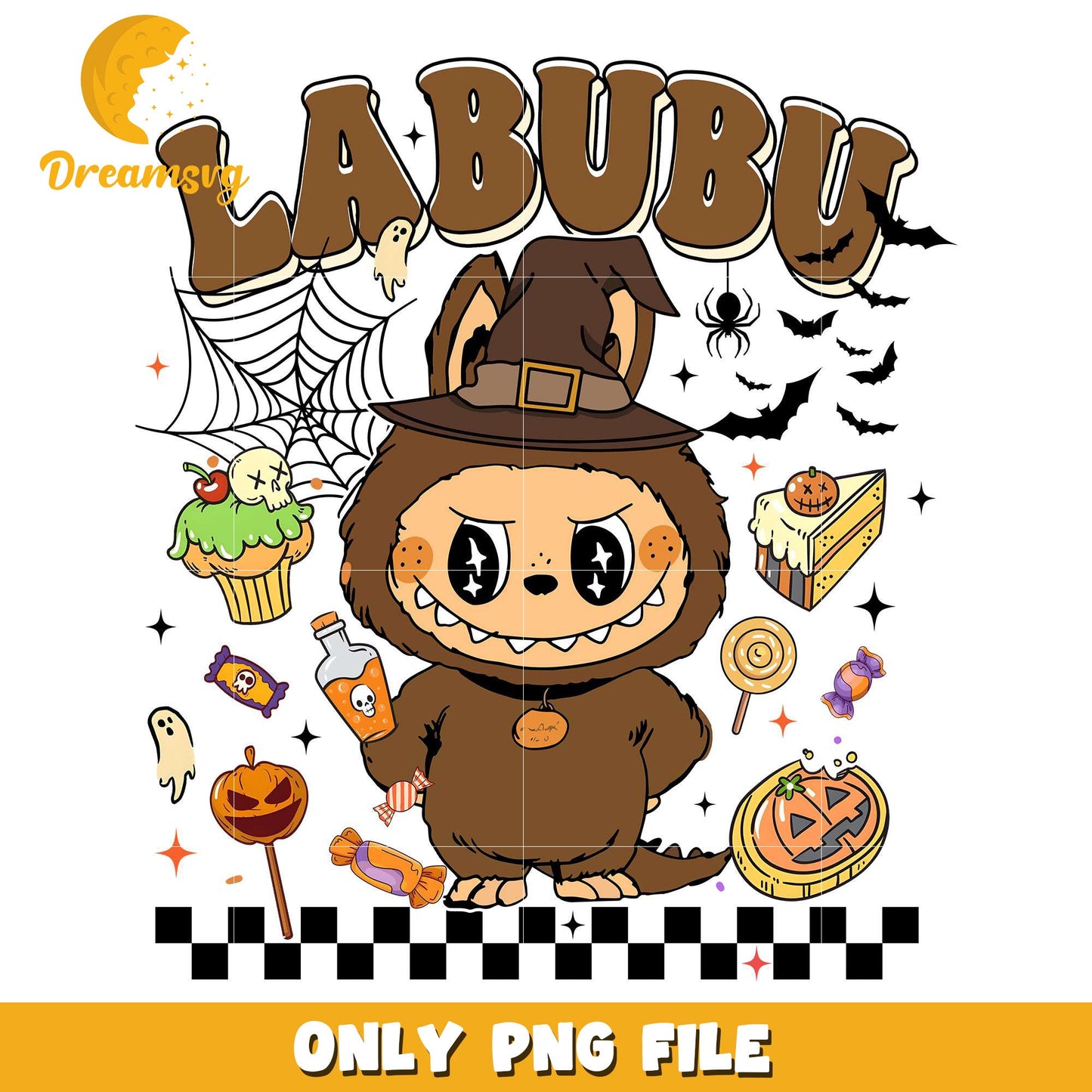 Brown labubu png, halloween wallpaper png, halloween decorations png