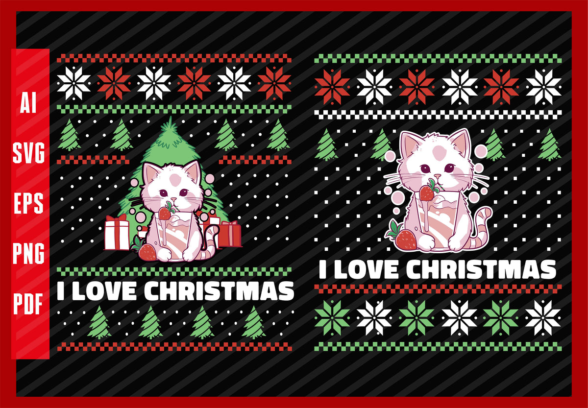 Cat Eating Strawberries Funny Pet and Drinking Food Lover Design, I Love Christmas T-Shirt Design Eps, Ai, Png, Svg and Pdf Printable Files