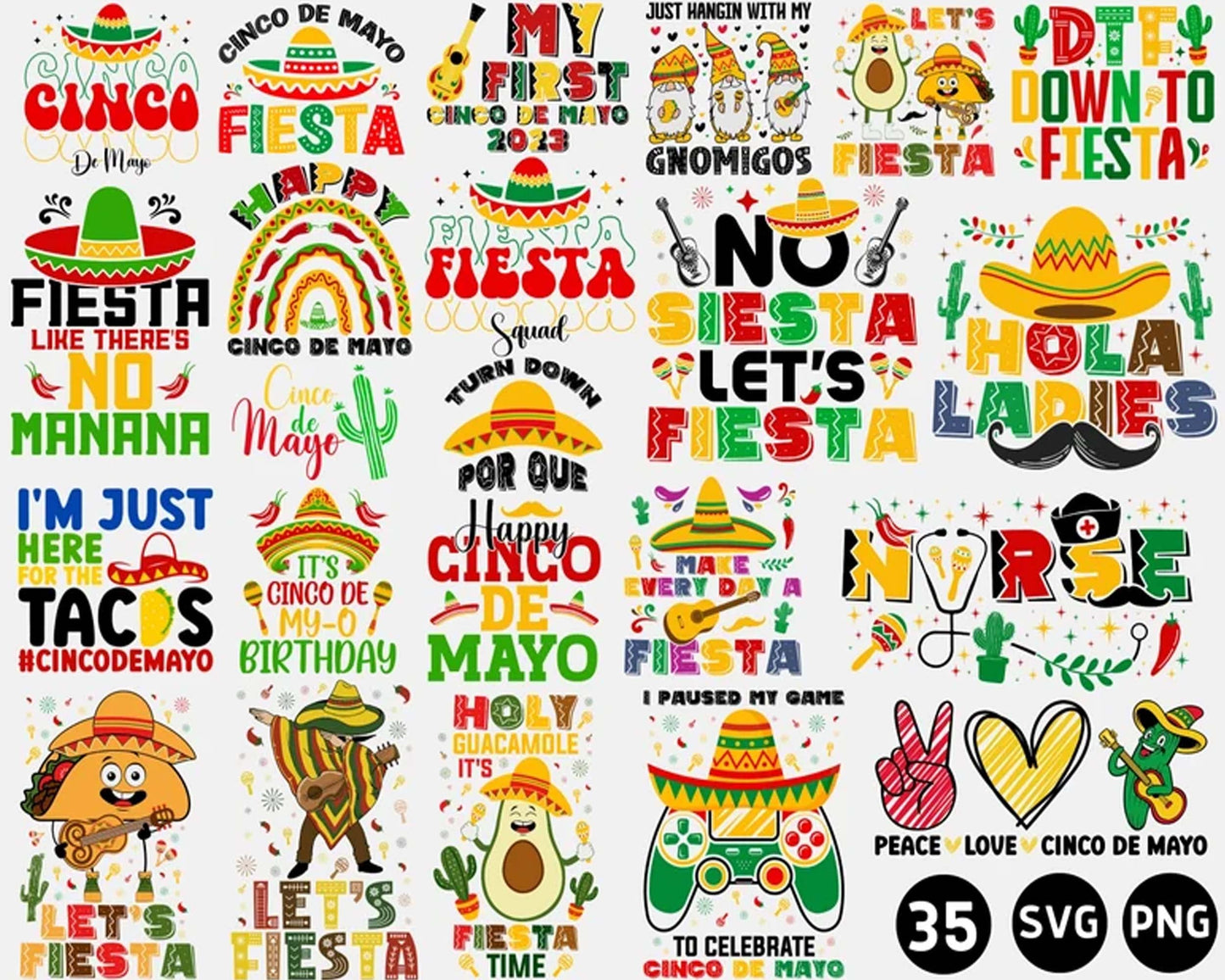 Cinco De Mayo Svg Png Bundle, Let's Fiesta Svg, Taco Tuesday Png, Mexican Party Sombrero Maracas svg Cricut Sublimation Designs