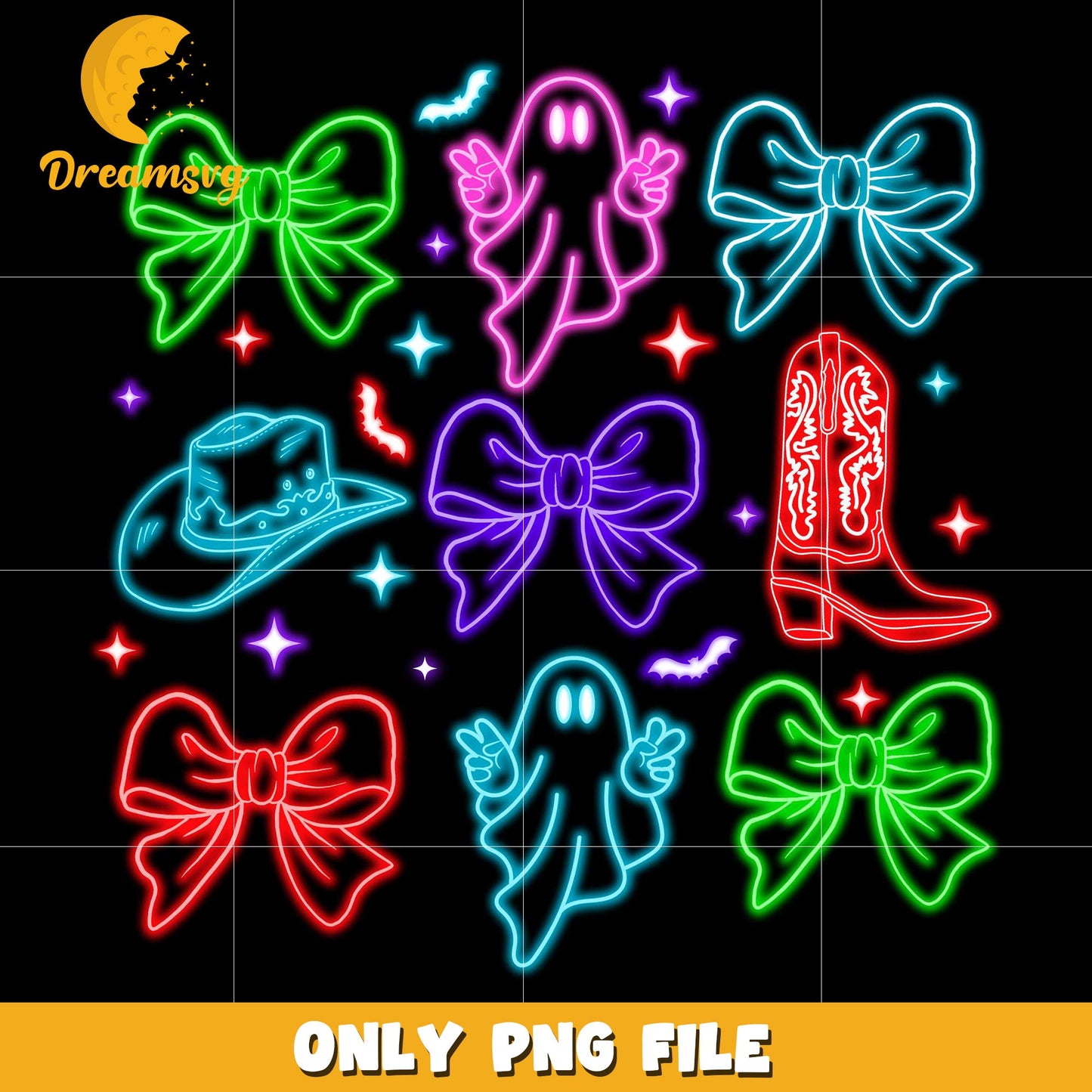 Cowboy hat and boots neon png, spooky autumn png, trick or treat png