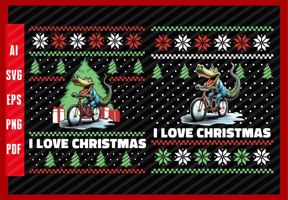Crocodile Animals Riding Bicycle Funny Design, I Love Christmas T-Shirt Design Eps, Ai, Png, Svg and Pdf Printable Files
