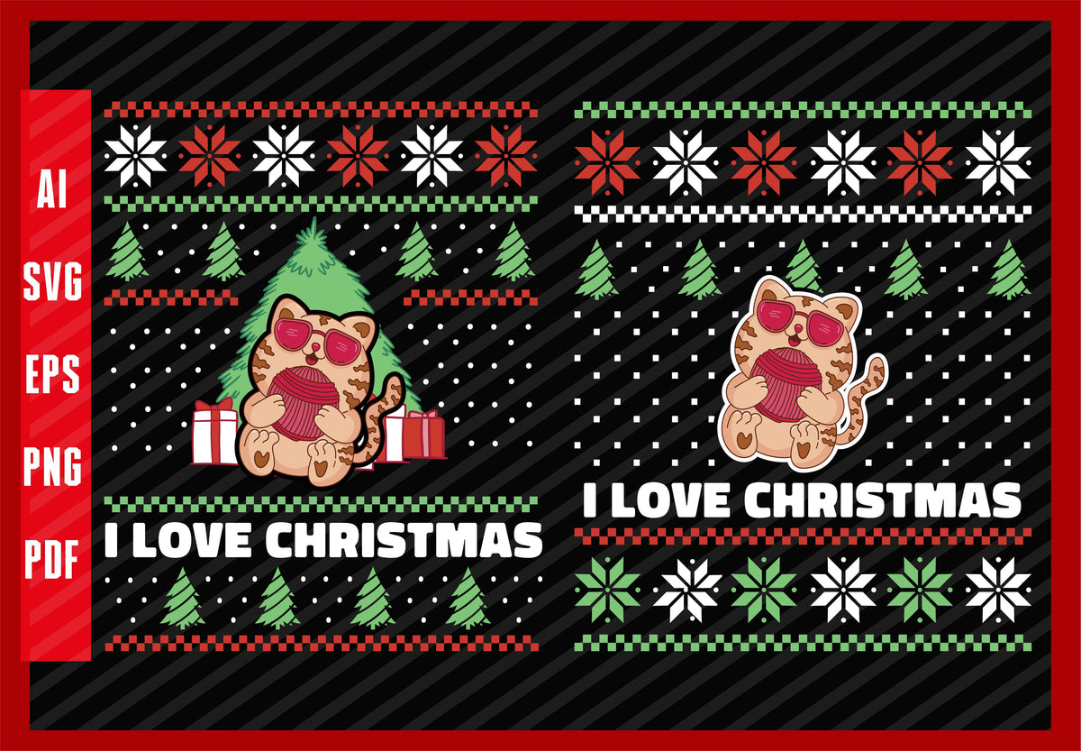 Cute Cat with Wool Ball Funny Knitting, I Love Christmas T-Shirt Design Eps, Ai, Png, Svg and Pdf Printable Files