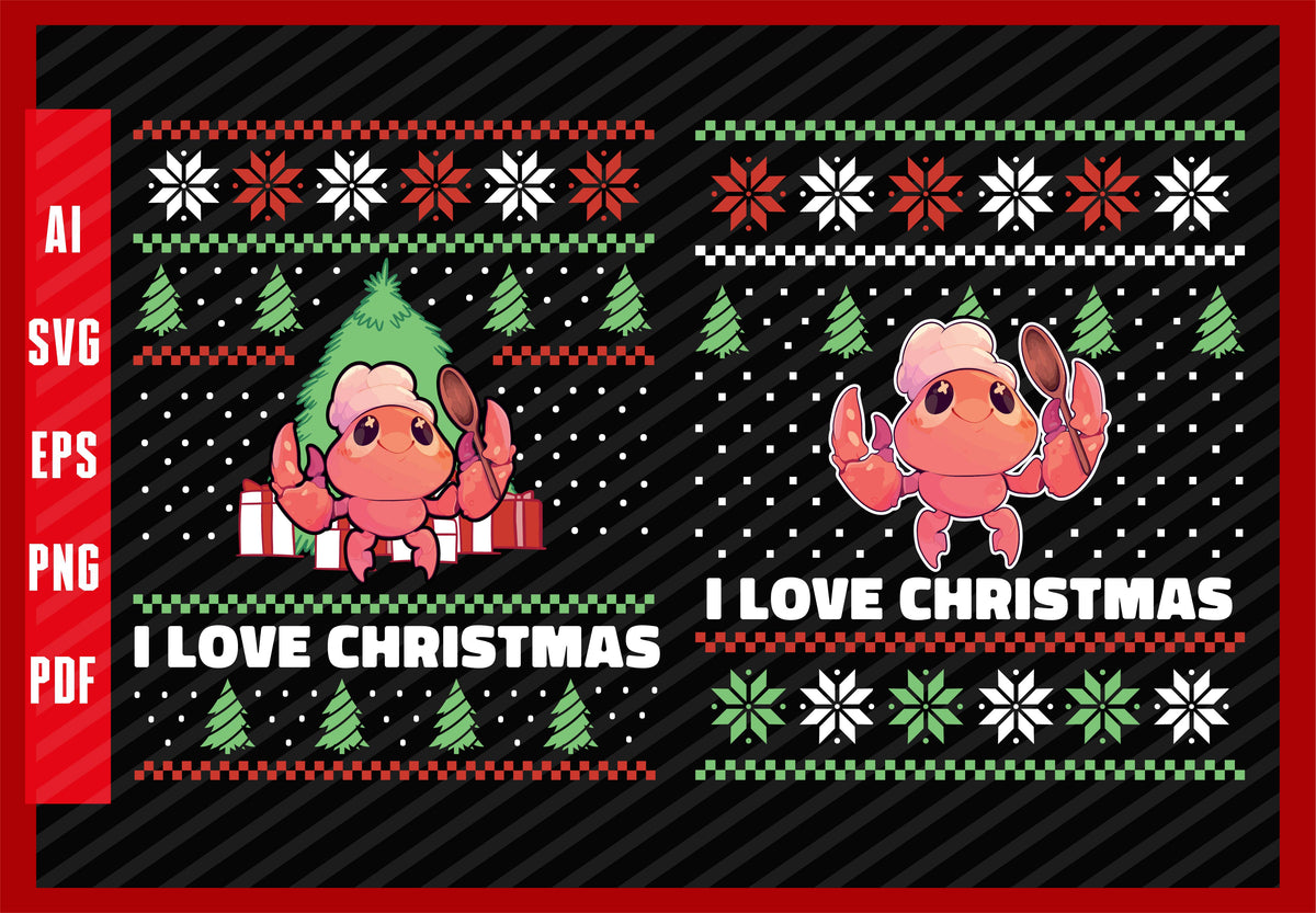 Cute Crab Chef with Spoon Funny Cooking Lover Design, I Love Christmas T-Shirt Design Eps, Ai, Png, Svg and Pdf Printable Files