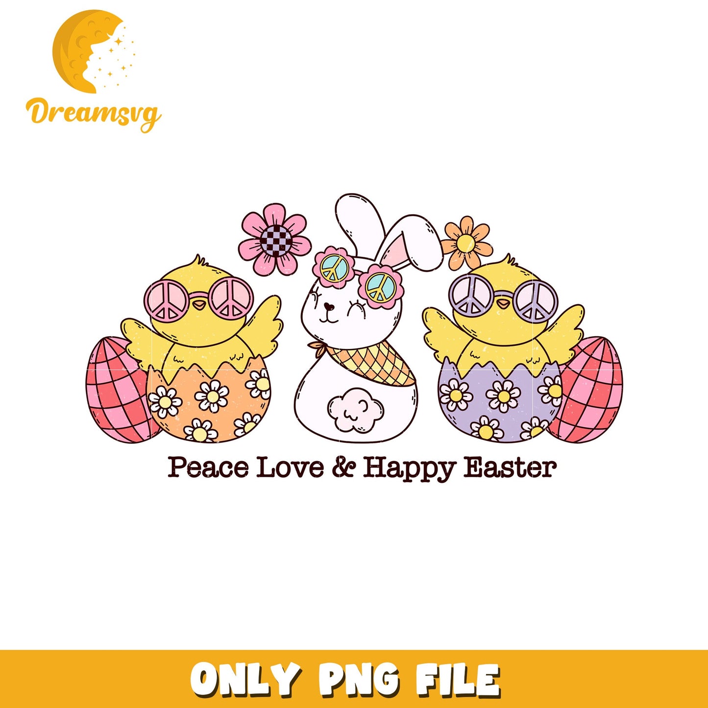 Cute Easter Bunny and Chicks Peace Love PNG Design
