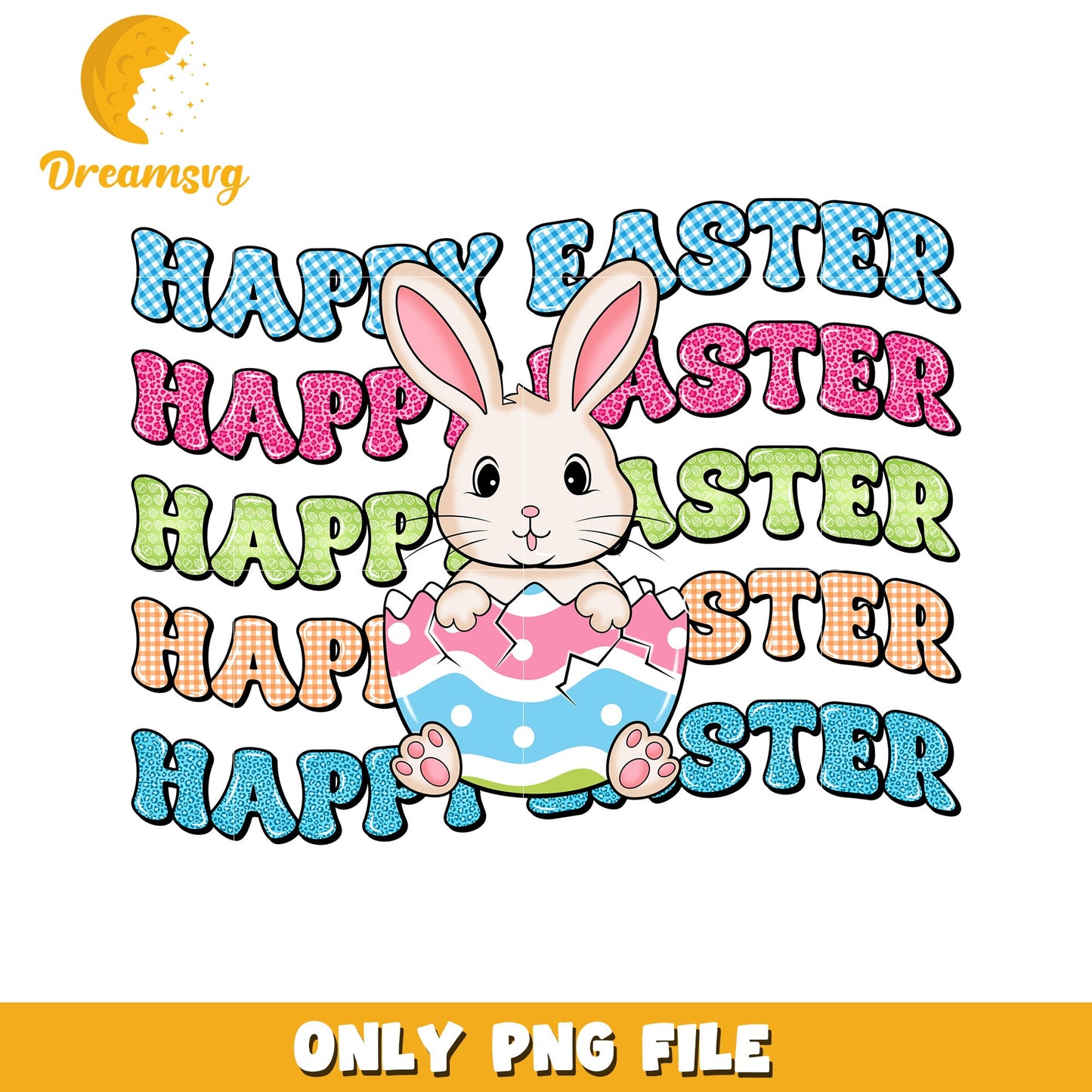 Cute Easter Bunny with Happy Easter Text PNG Image