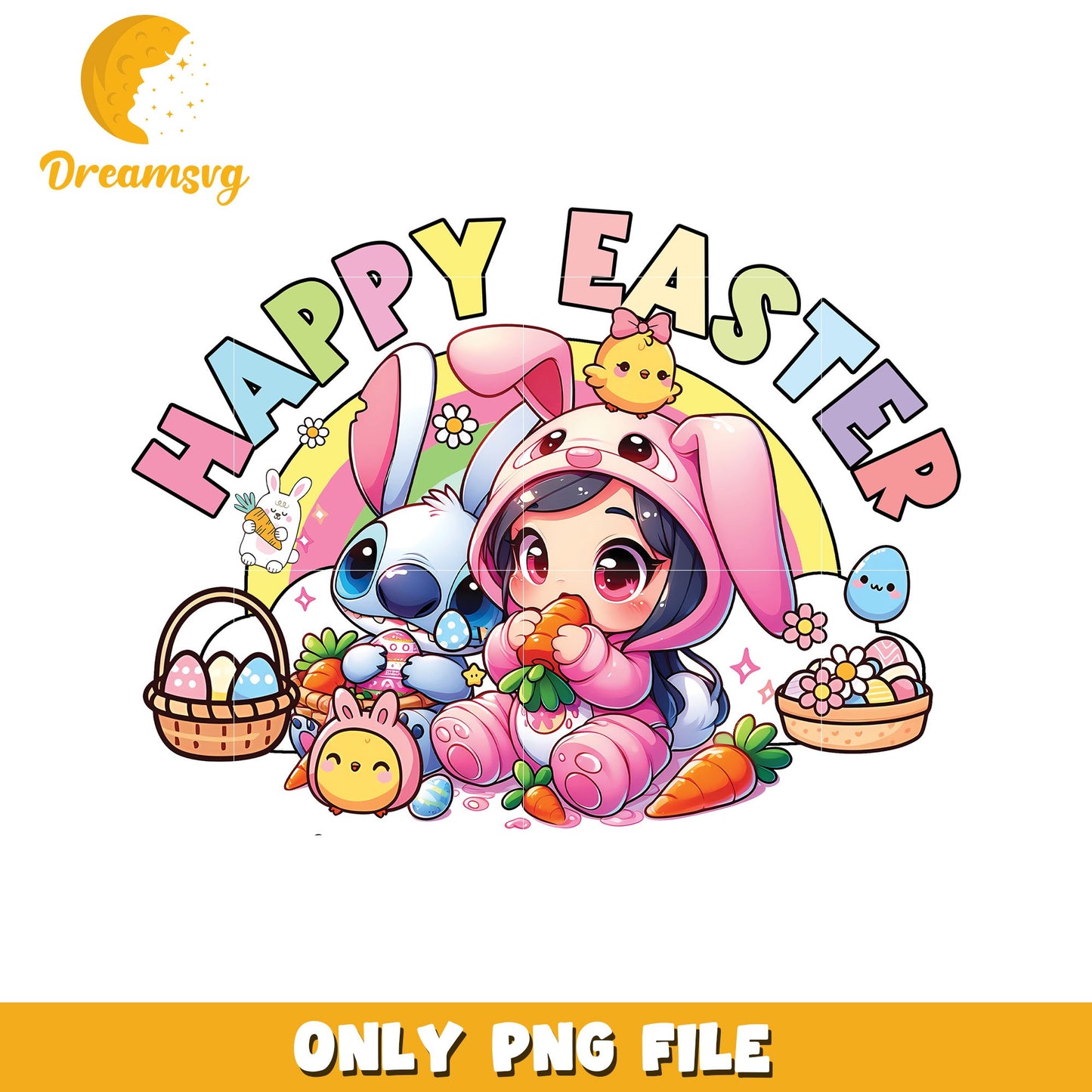 Cute Happy Easter PNG with Adorable Bunny and Eggs