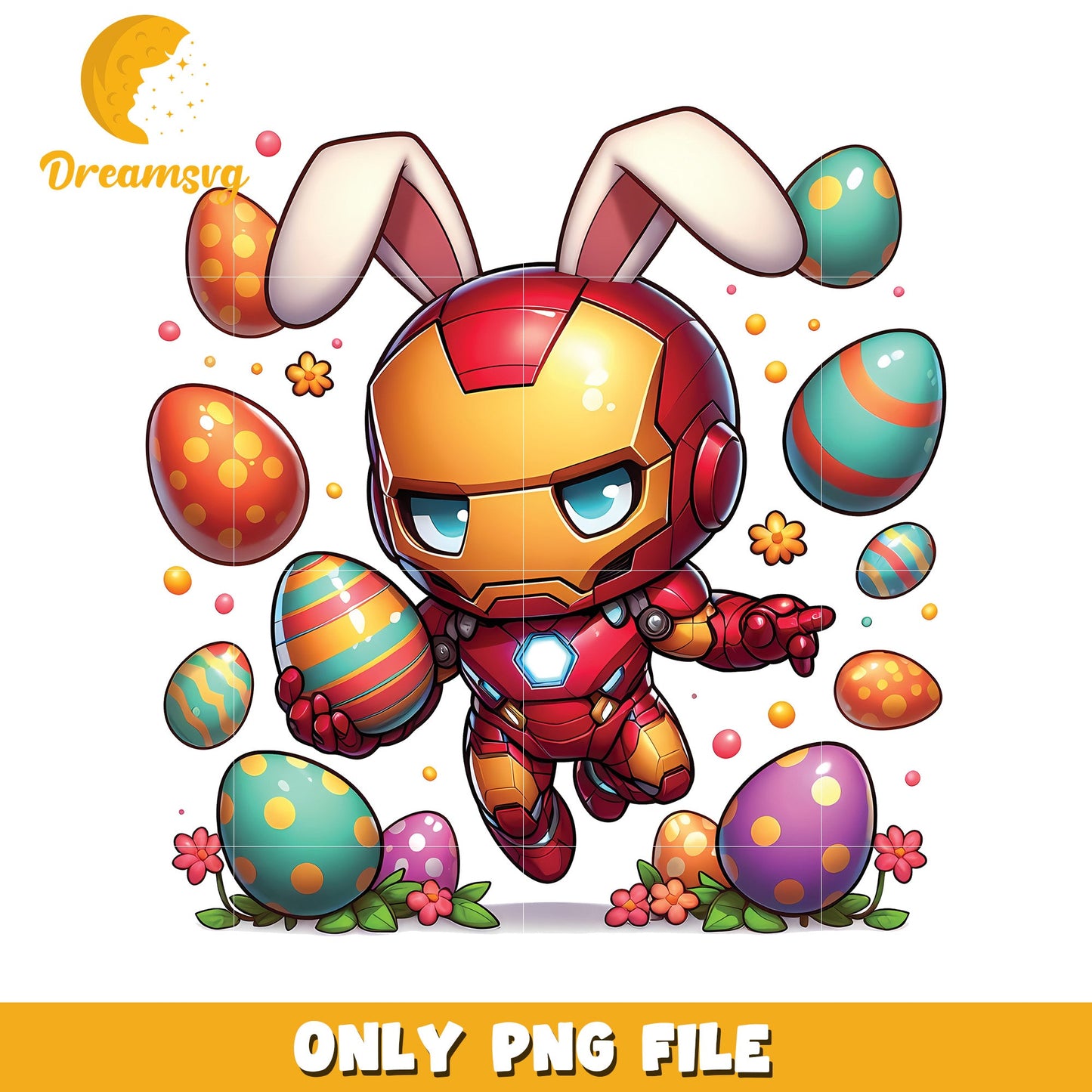 Cute Iron Bunny Superhero with Easter Eggs PNG Art