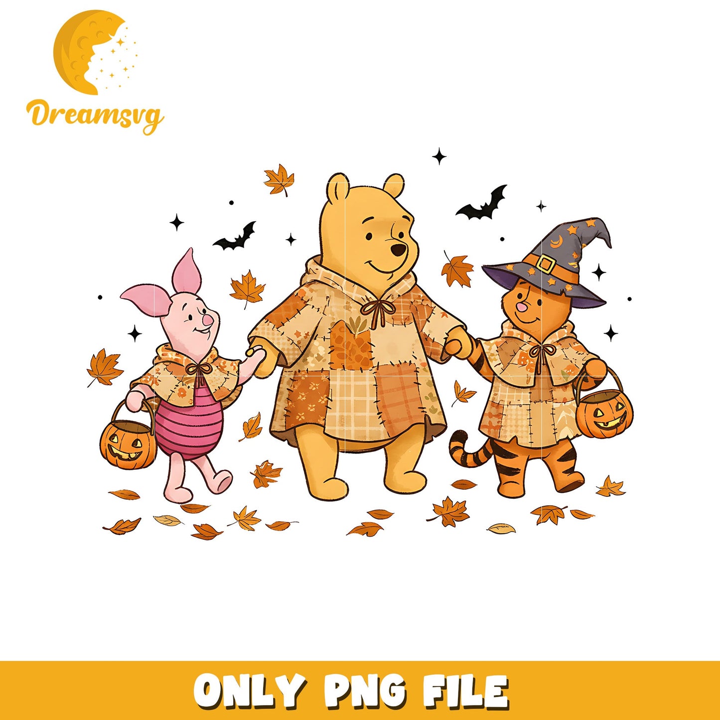 Cute and funny pooh and friends design png, trick or treat png, halloween pumpkin png