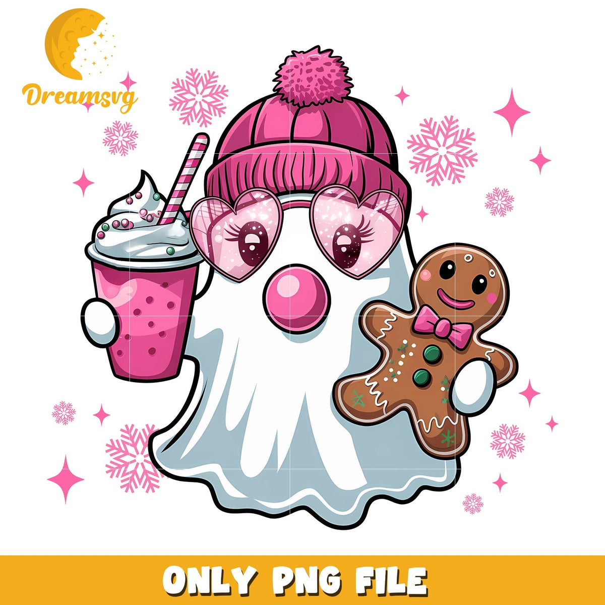 Cute ghost holding cream png, cookie christmas png, christmas pink png