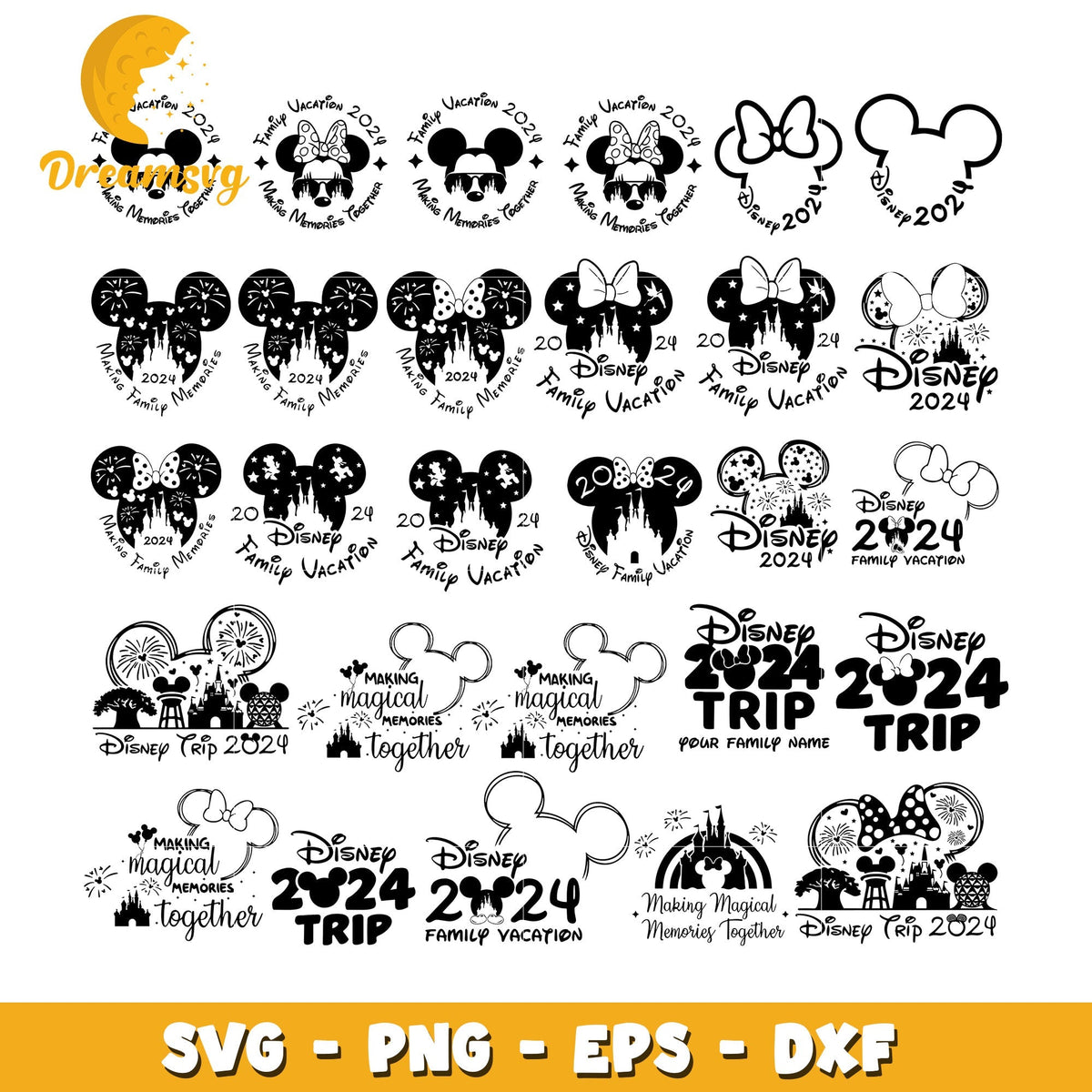 Disney family vacation 2024 black white bundle svg, mouse head svg