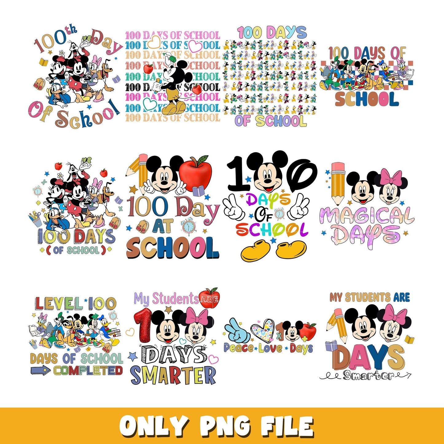Disney 100 Days Of School cartoon bundle png, Disney cartoon png, Digital download