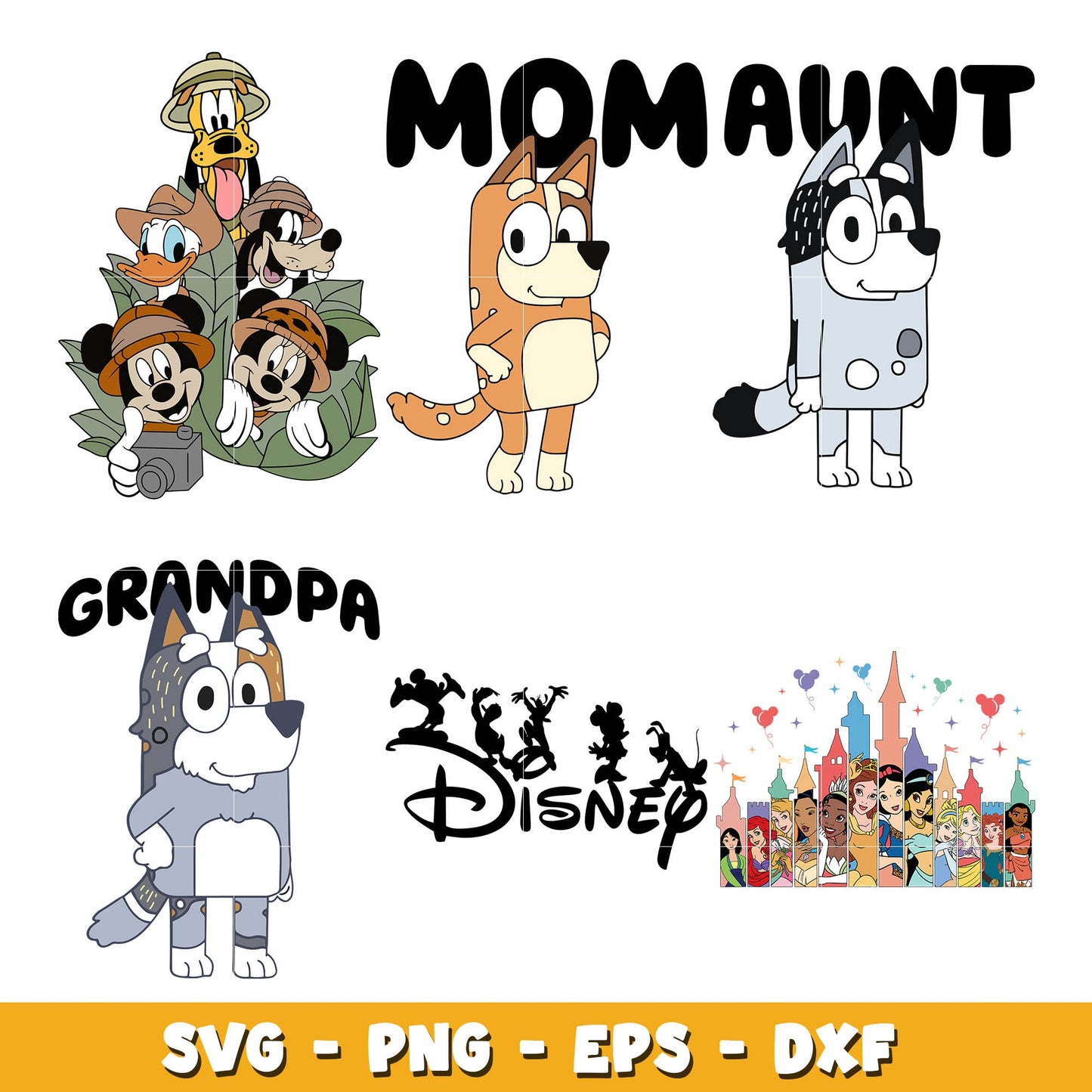 Bluey friends cartoon and Disney Princess Castle bundle svg, Disney svg, Digital download