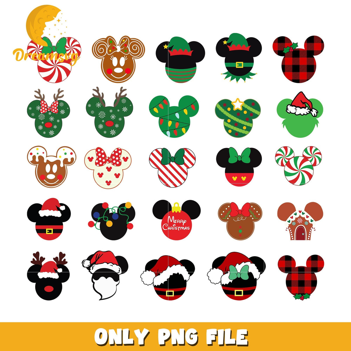 Mickey minnie head christmas deisgn bundle png, disney christmas ears png