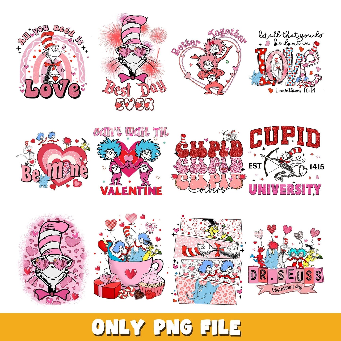Dr Seuss Cat in hat love png, Dr Seuss bundle png, cartoon png