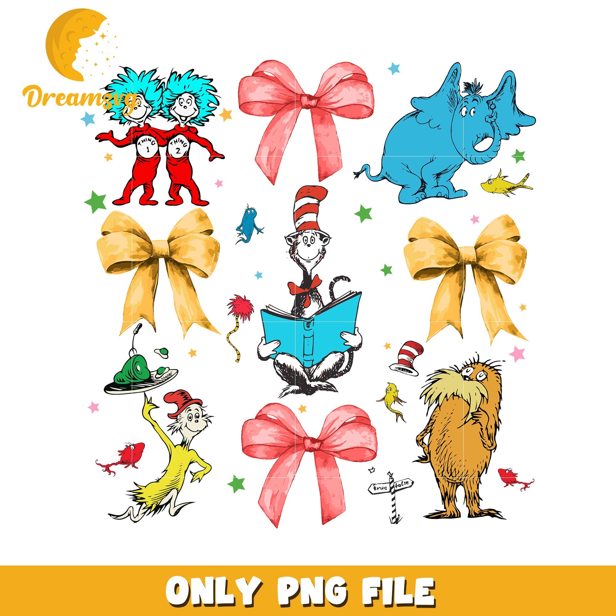 A bundle of Dr. Seuss PNG clipart, showcasing various characters and designs