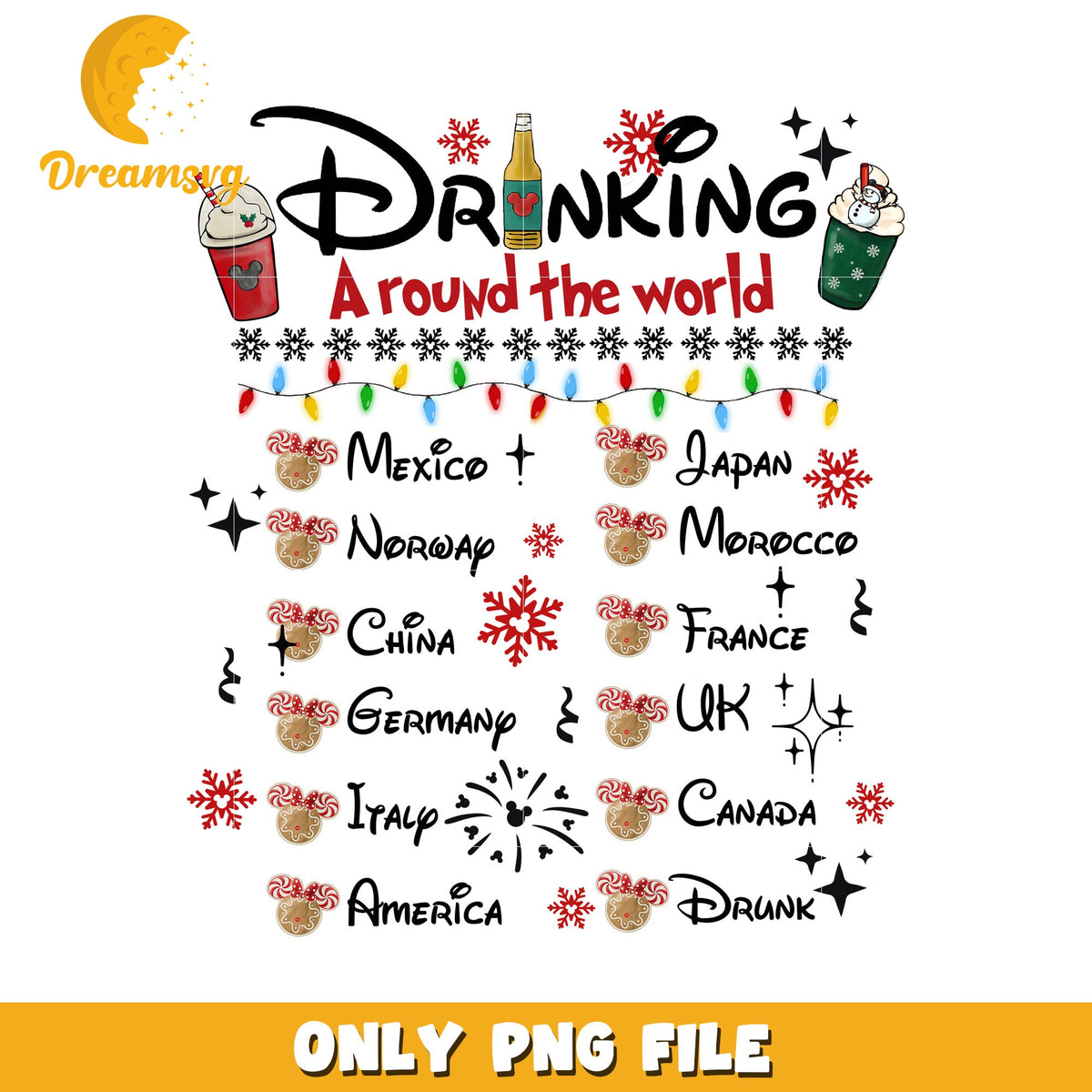 Drinking around the world png, disney celebration png, christmas dream png