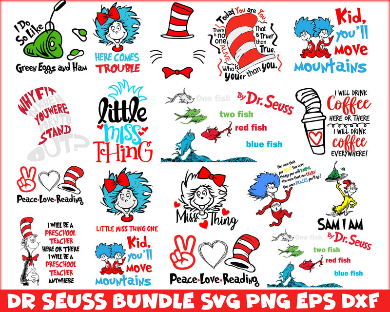 Bundle 1 - Dr Seuss Svg, Cat In The Hat SVG, Dr Seuss Hat SVG, Green Eggs And Ham Svg, Dr Seuss for Teachers Svg, Png, Eps, Dxf
