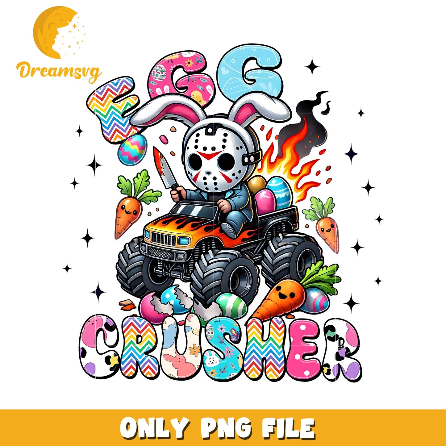Easter Egg Crusher Graphic with Monster Truck and Playful Bunny Design PNG