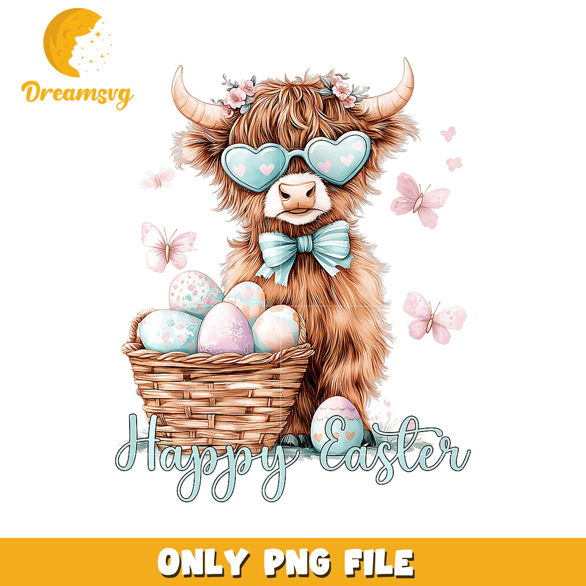 Easter Highland Cow PNG Cute Bunny Design