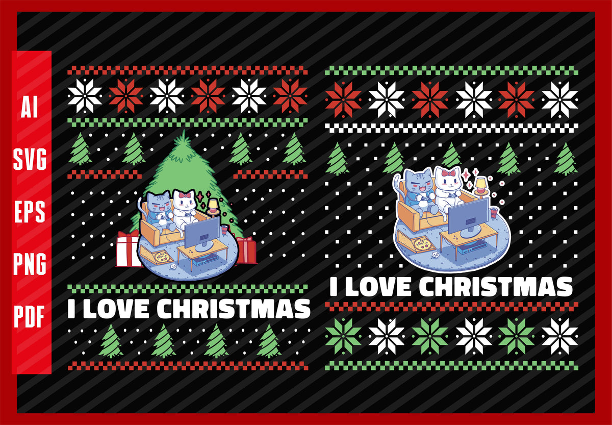 Gamer Cat Heartbeat Video Game Player Computer Games, I Love Christmas T-Shirt Design Eps, Ai, Png, Svg and Pdf Printable Files
