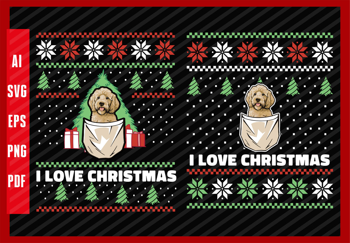 Goldendoodle Dog in Pocket Funny Design, Dog Lover, I Love Christmas T-Shirt Design Eps, Ai, Png, Svg and Pdf Printable Files