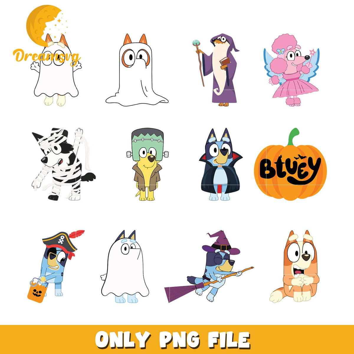 Bluey characters halloween design bundle png, bluey halloween png