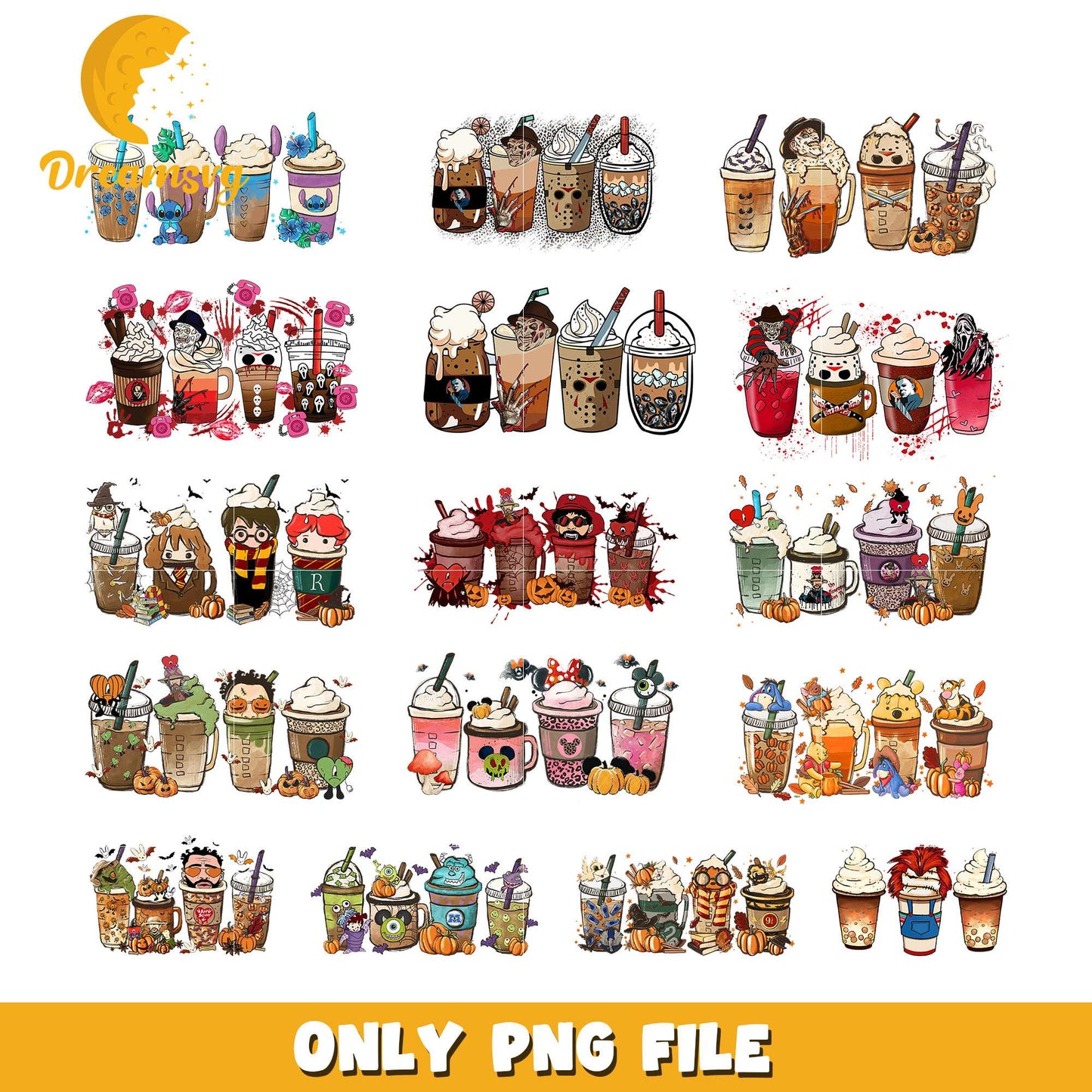 Horror coffee cup halloween design bundle png, halloween coffee png