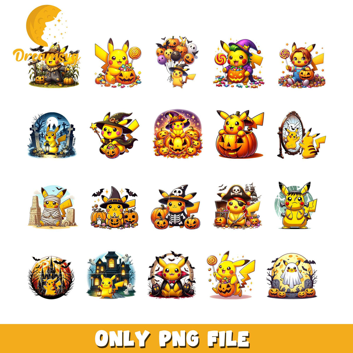 Pokemon pikachu pumpkin halloween bundle png, halloween pikachu png