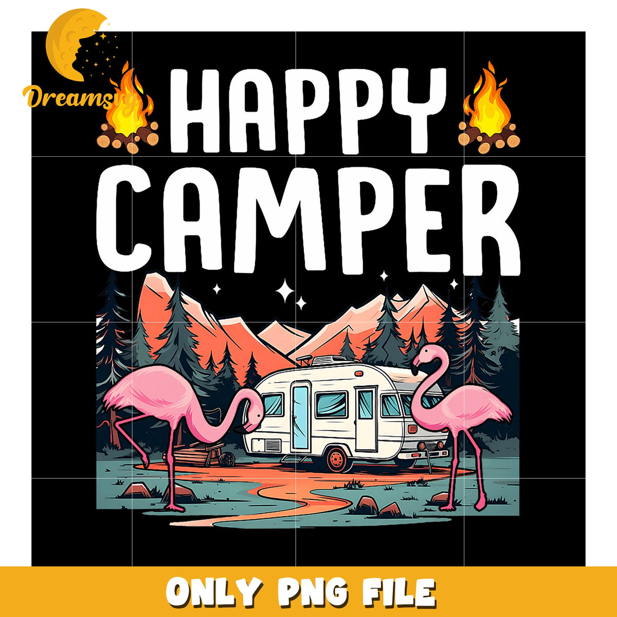 Happy Camper Flamingo PNG Design