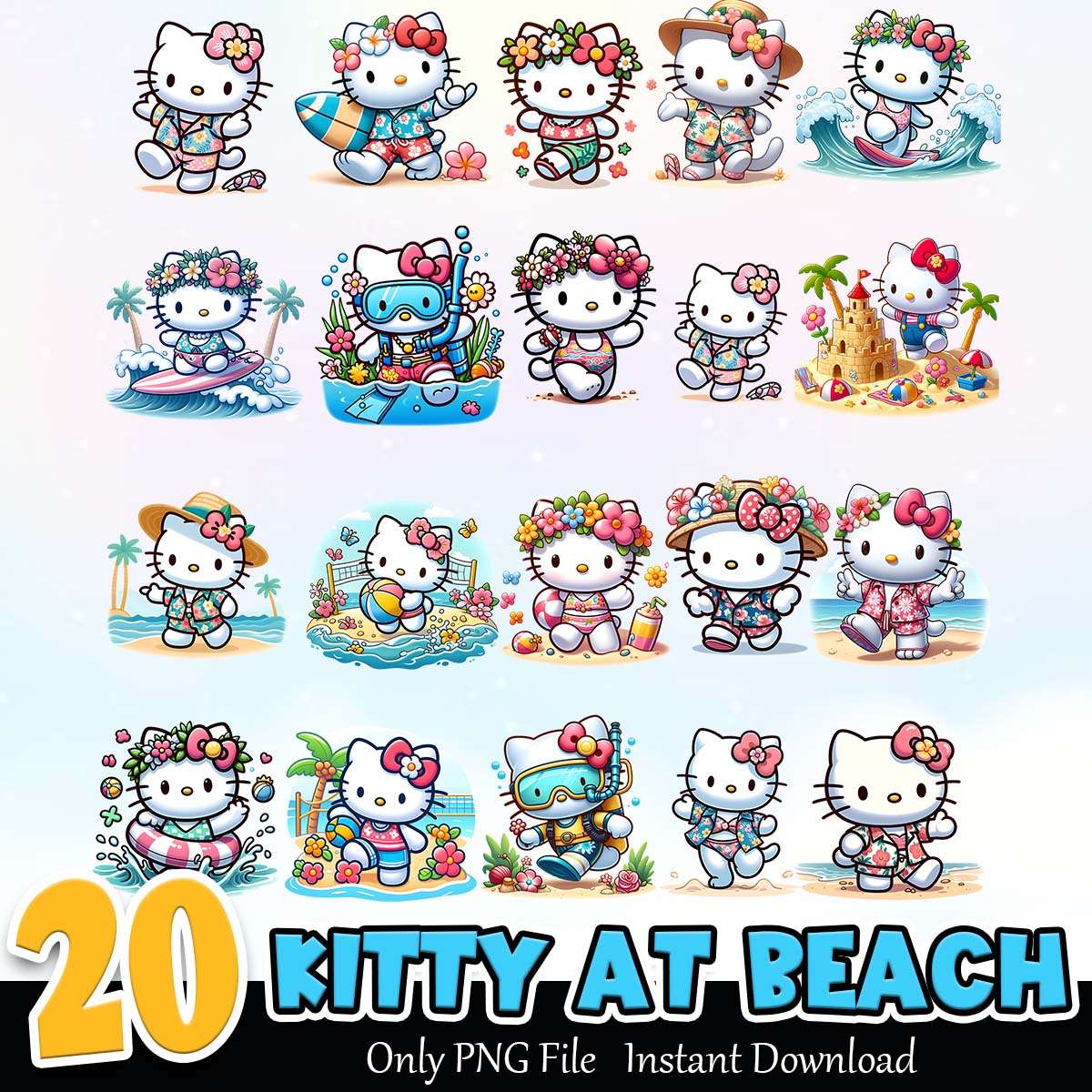 Kitty At Beach PNG Bundle Sublimation Instant Download