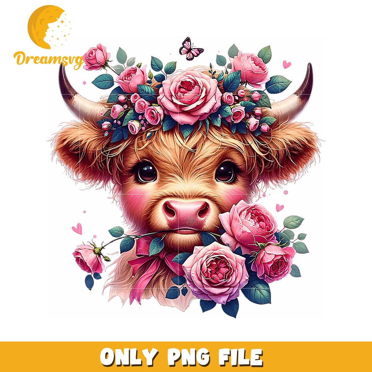 Highland Cow with Roses PNG Floral Cow Design