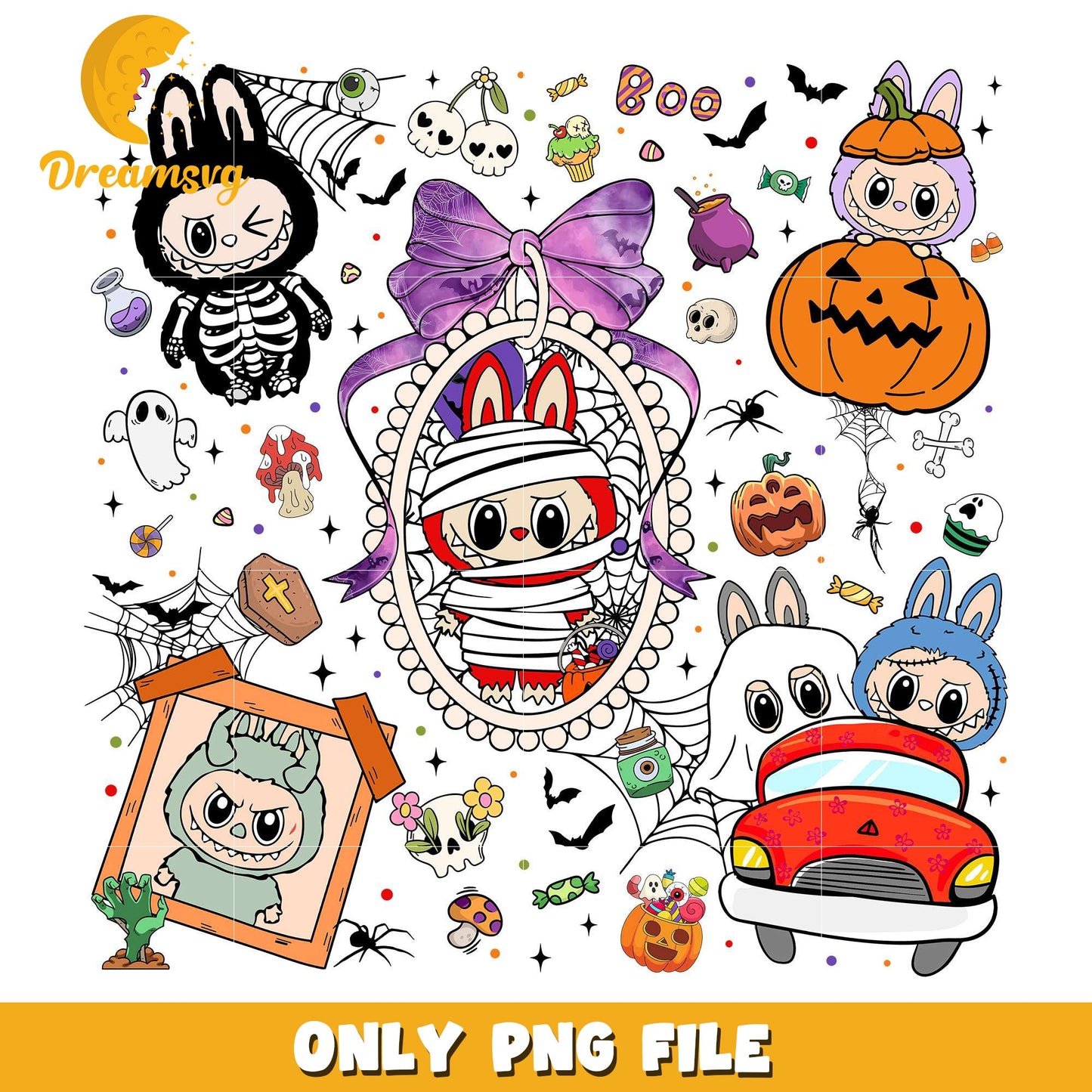 Labubu halloween design png, happy halloween png, halloween toys png