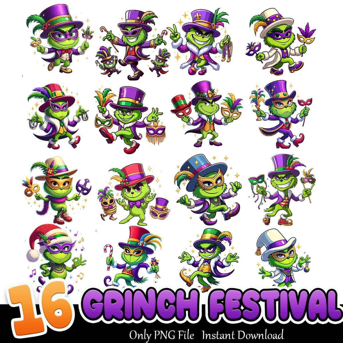 Grinch Mardi Gras Bundle PNG 16+ Grinch Festival PNG Instant Download