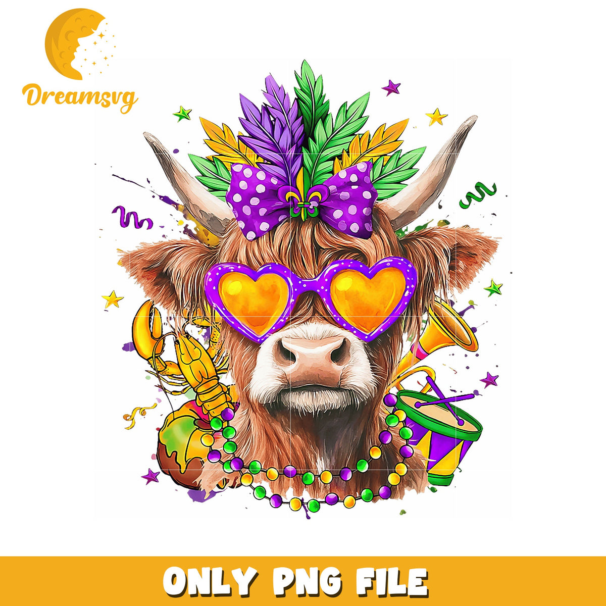 Mardi Gras Highland Cow PNG