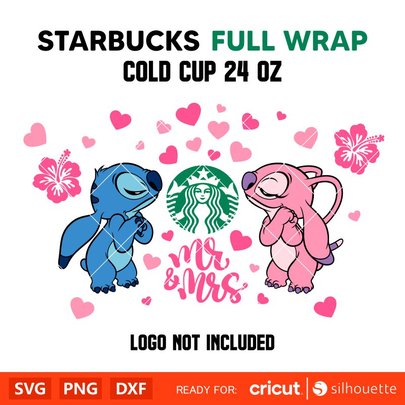 Mr & Mrs Stitch & Angel Full Wrap Svg, Starbucks Svg, Coffee Ring Svg, Cold Cup Svg, Cricut, Silhouette Vector Cut File