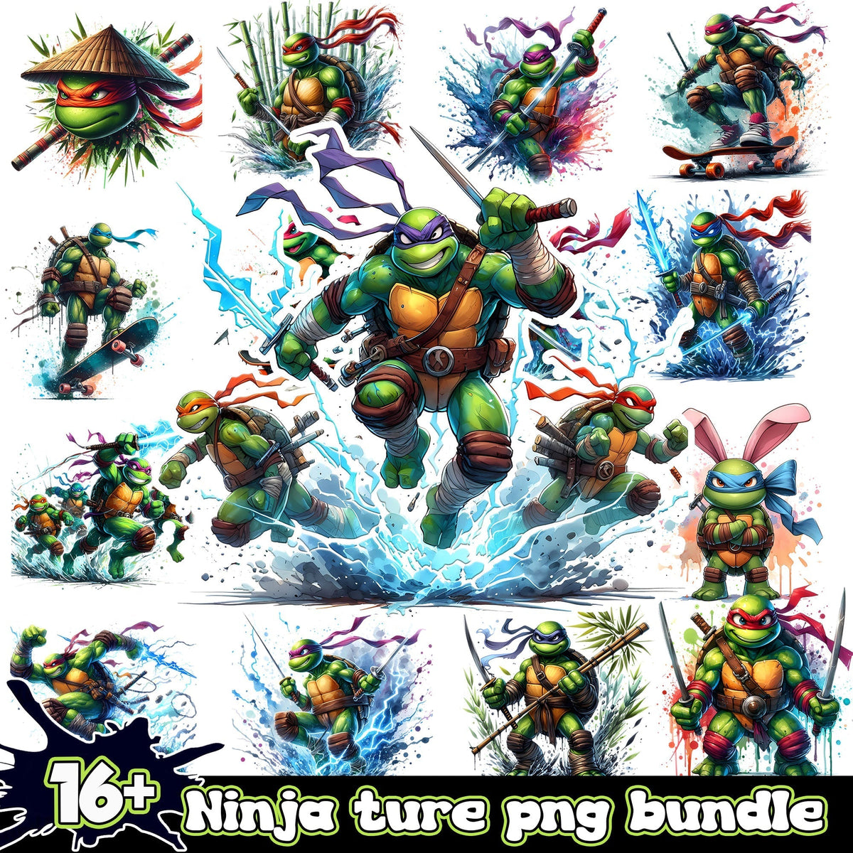 Ninja ture Watercolor Splash png bundle