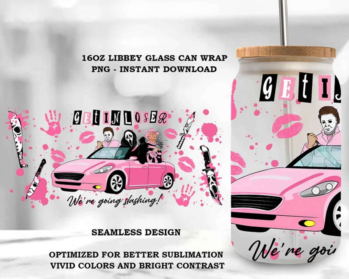 Pink Horror Killer 16oz Libbey Can Glass png, Instant download