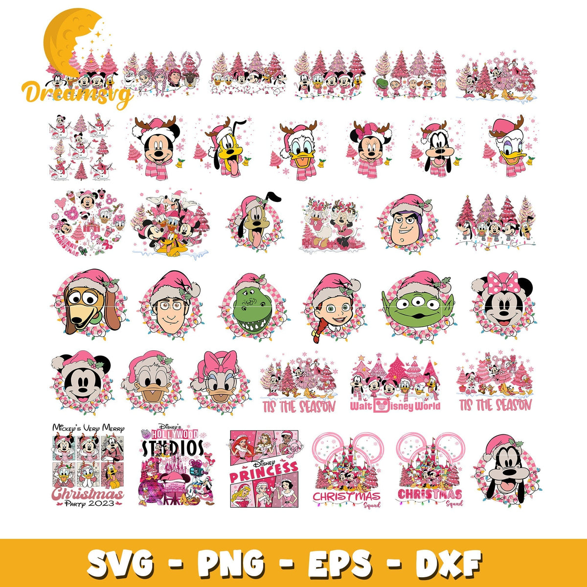 Disney characters christmas pink bundle svg, christmas tis the season svg