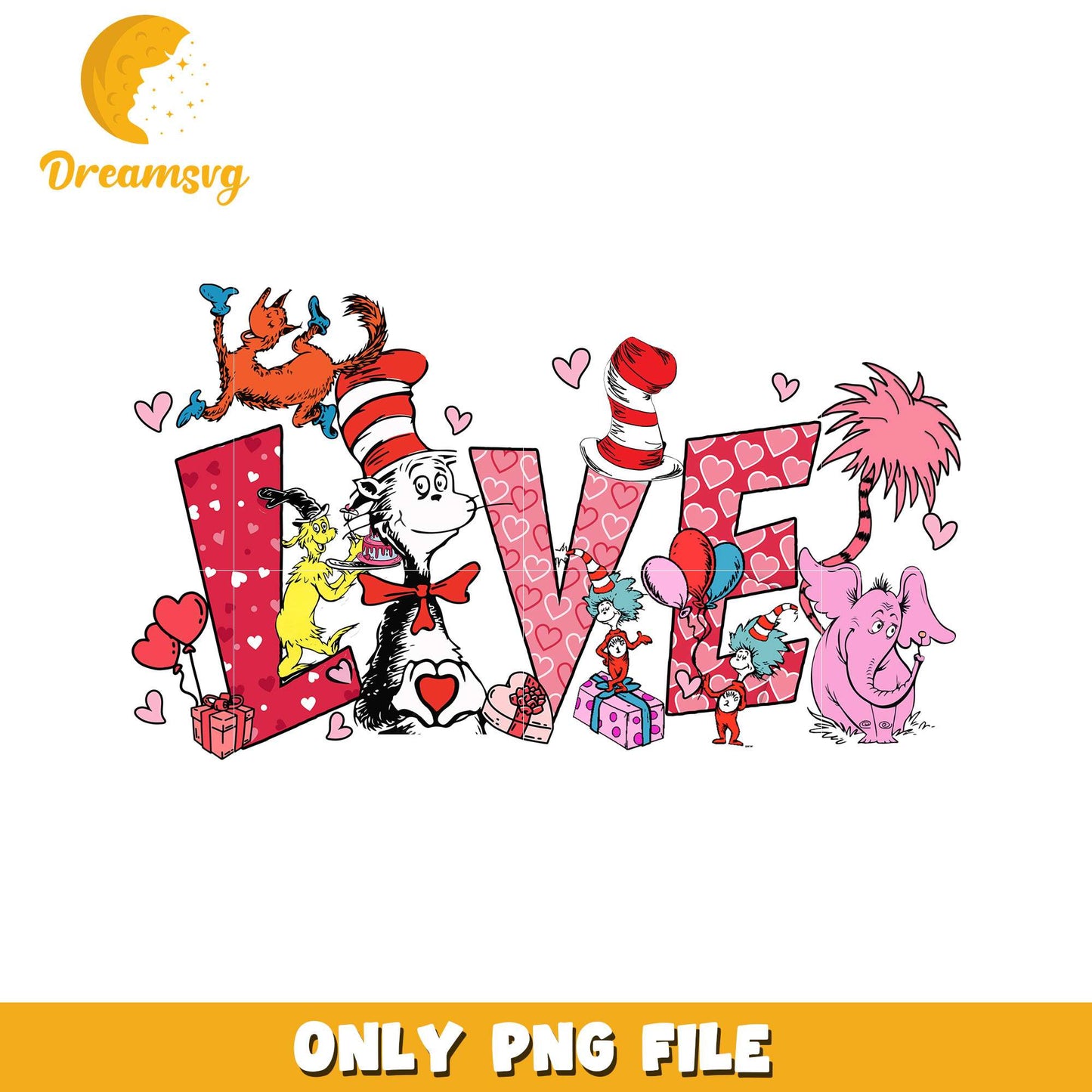 Playful Love Illustration with Dr Seuss Characters PNG