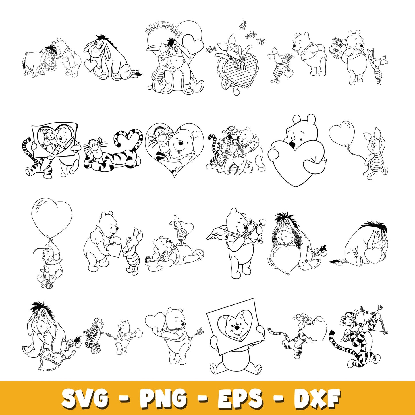 Winnie the Pooh and friends valetine coloring bundle svg, wine the pooh svg, Disney cartoon svg, Digital download
