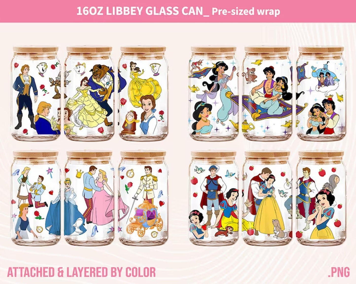 Cartoon Movies Wrap, 16oz Can Glass, Cartoon Tumbler Wrap, Princess Tumbler, Libbey Can Wrap, Can Glass Wrap, Princess Png