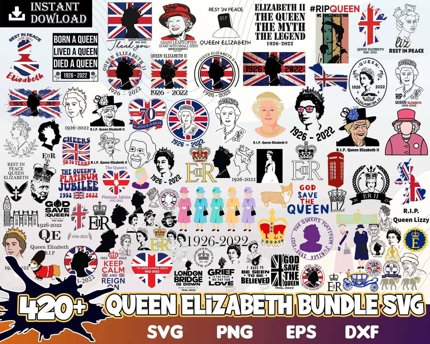 420+ Queen Elizabeth-II Svg, RIP United Kingdom Queen in 4 formats, In memory of Her majesty Queen Elizabeth-II bundle, Digital download