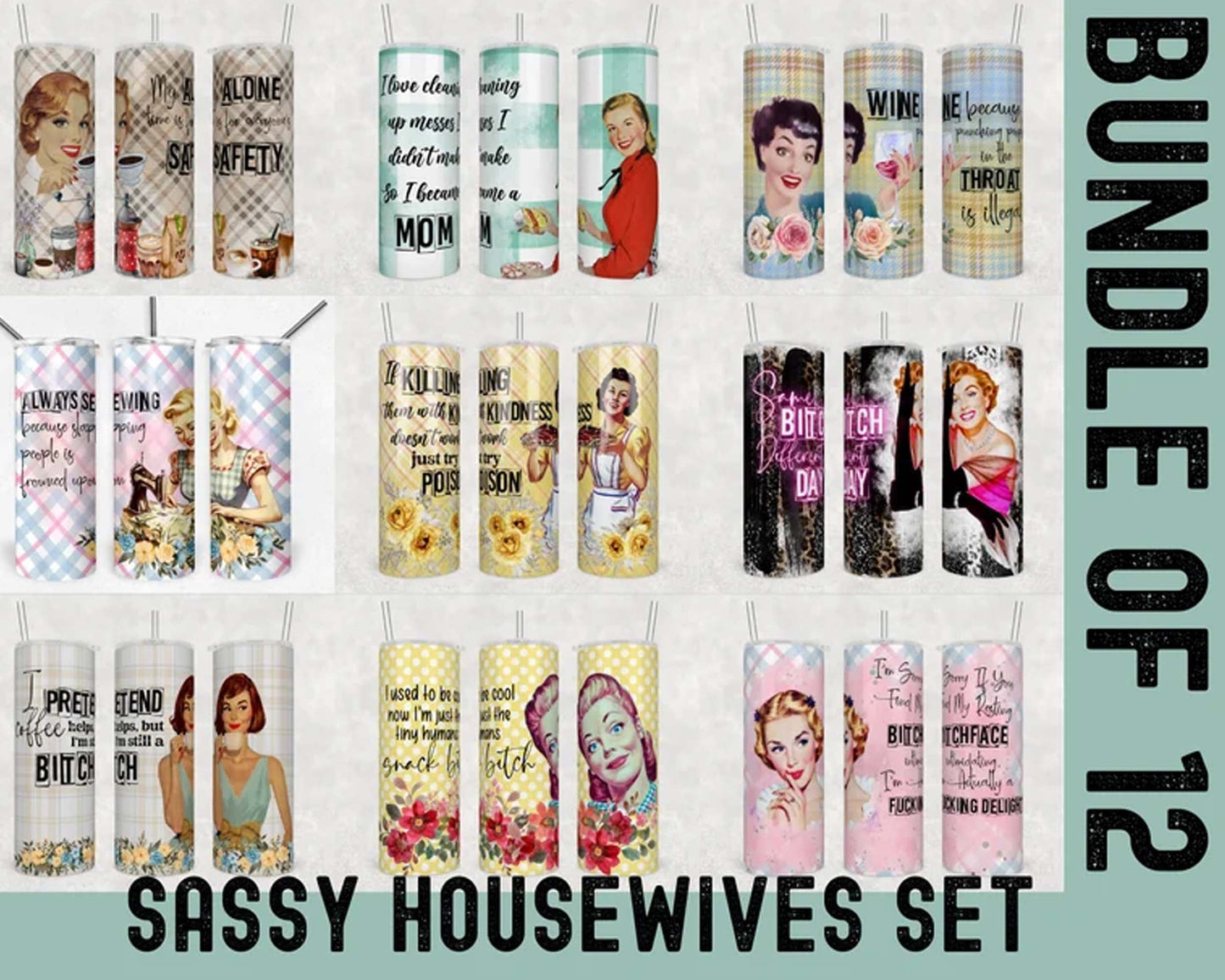 Retro Housewives 20oz Skinny Tumbler Sublimation PNG | Straight + Tapered Tumbler Wraps